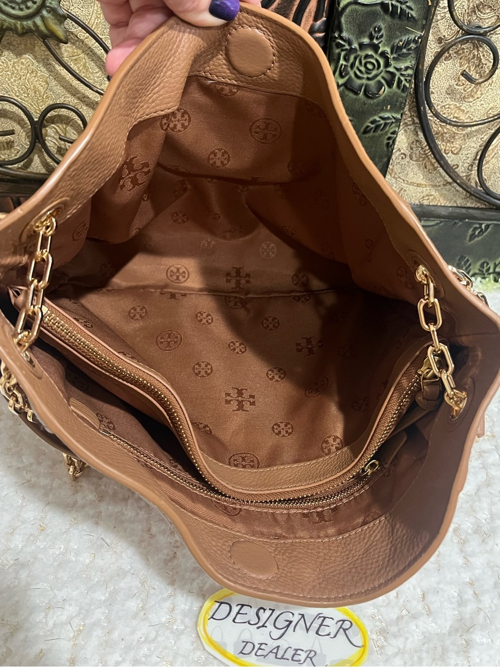 TORY BURCH Britten Small Chain Tote Brown VGC! - Picture 11 of 12